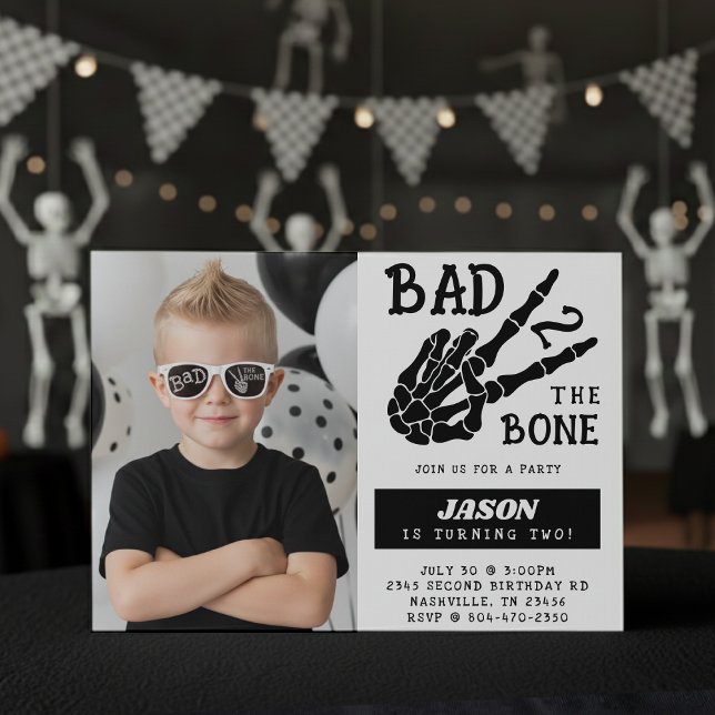 Bad 2 the Bone Skeleton Photo 2nd Birthday Party Invitation (Creator Uploaded)