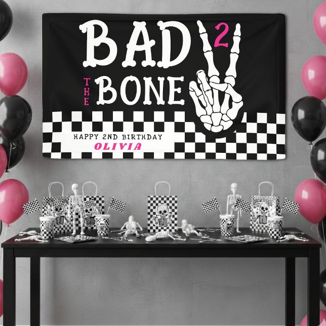 Bad 2 the Bone Skeleton Pink 2nd Birthday Party Banner (Bad 2 the Bone Skeleton Pink 2nd Birthday Party Banner
)