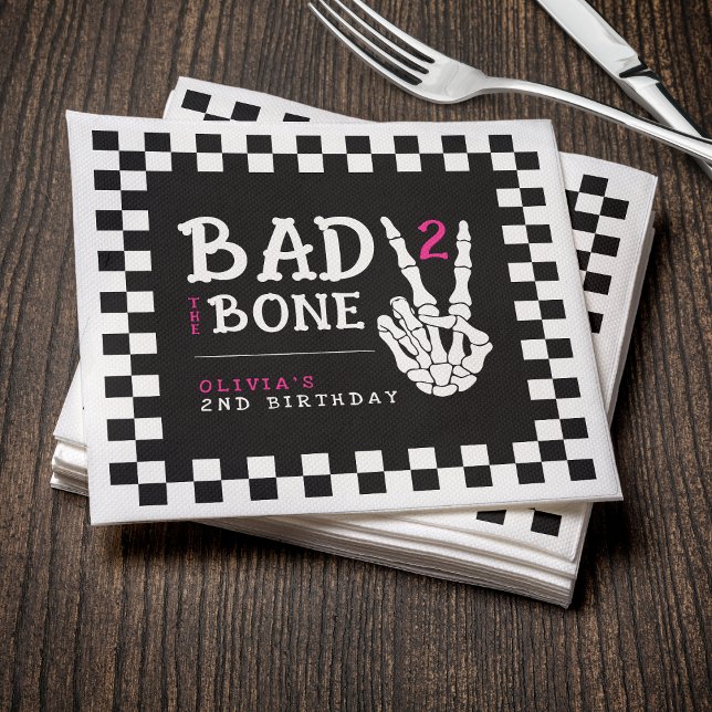 Bad 2 the Bone Skeleton Pink 2nd Birthday Party Napkin (Bad 2 the Bone Skeleton Pink 2nd Birthday Party Napkins
)