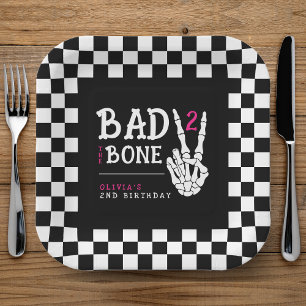 Bad 2 the Bone Skeleton Pink 2nd Birthday Party Paper Plate