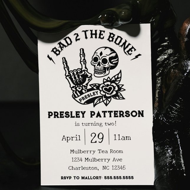 "Bad 2 the Bone" Two Year Old Birthday Party  Invitation ("bad two the bone" 2nd birthday party two year old skeleton rock-n-roll tattoo style birthday party )