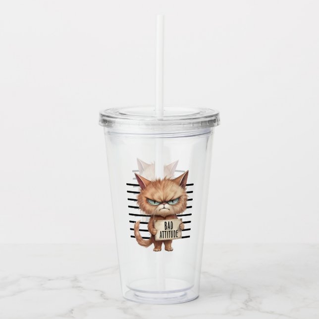 Bad Attitude Cat Mugshot – Funny Feline Design Acrylic Tumbler (Front)