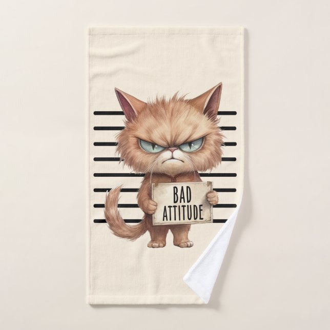 Bad Attitude Cat Mugshot – Funny Feline Design Bath Towel Set (Hand Towel)