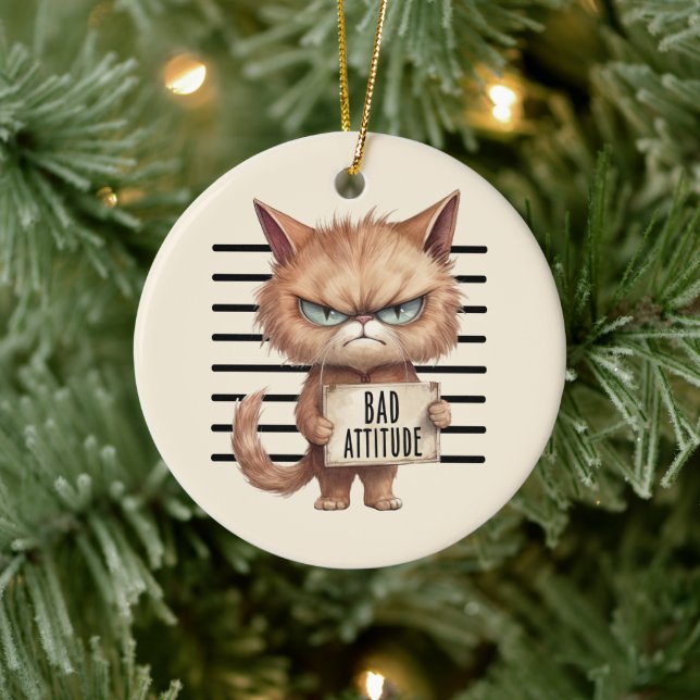 Bad Attitude Cat Mugshot – Funny Feline Design Ceramic Tree Decoration (Tree)