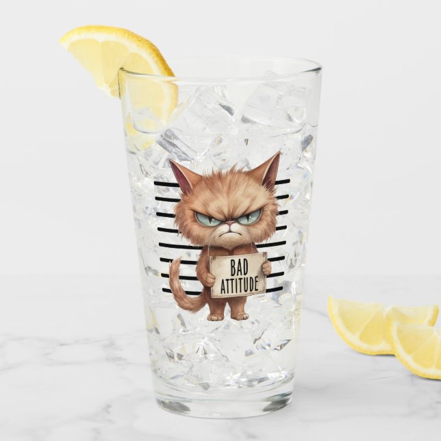 Bad Attitude Cat Mugshot – Funny Feline Design Glass (Front Ice)