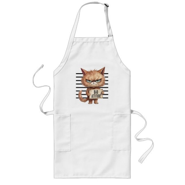 Bad Attitude Cat Mugshot – Funny Feline Design Long Apron (Front)