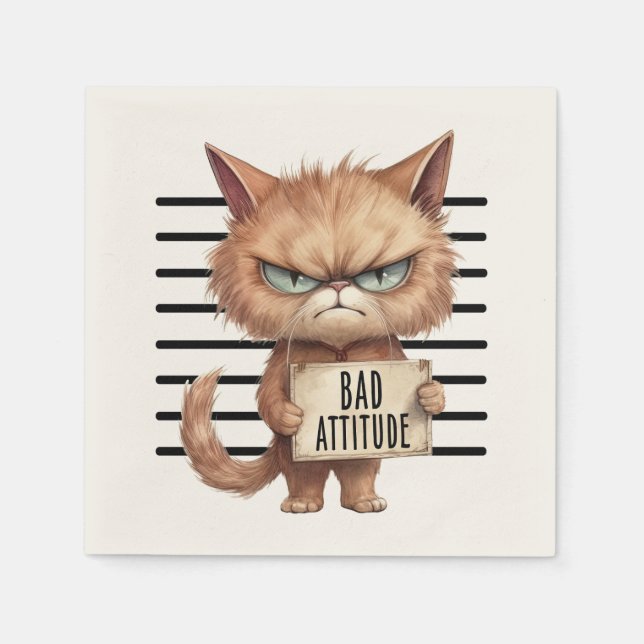 Bad Attitude Cat Mugshot – Funny Feline Design Napkin (Front)