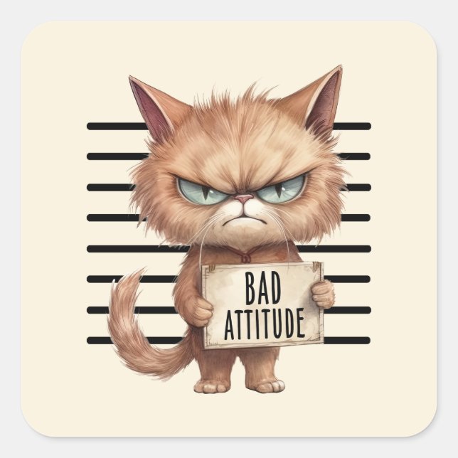Bad Attitude Cat Mugshot – Funny Feline Design Square Sticker (Front)