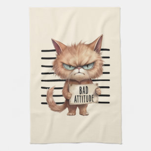 Bad Attitude Cat Mugshot – Funny Feline Design Tea Towel