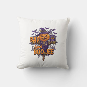 Bad Boo Jee Pumpkin Scarecrow Purple Owl Bats Cushion
