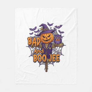 Bad Boo Jee Pumpkin Scarecrow Purple Owl Bats Fleece Blanket