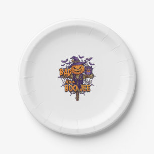 Bad Boo Jee Pumpkin Scarecrow Purple Owl Bats Paper Plate