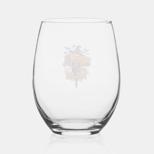 Bad Boo Jee Pumpkin Scarecrow Purple Owl Bats Stemless Wine Glass