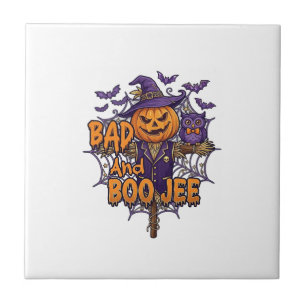 Bad Boo Jee Pumpkin Scarecrow Purple Owl Bats Tile