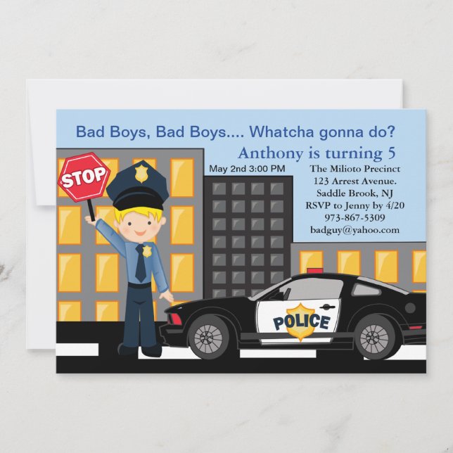 Bad Boys, Bad Boys Policeman Birthday Invitation (Front)