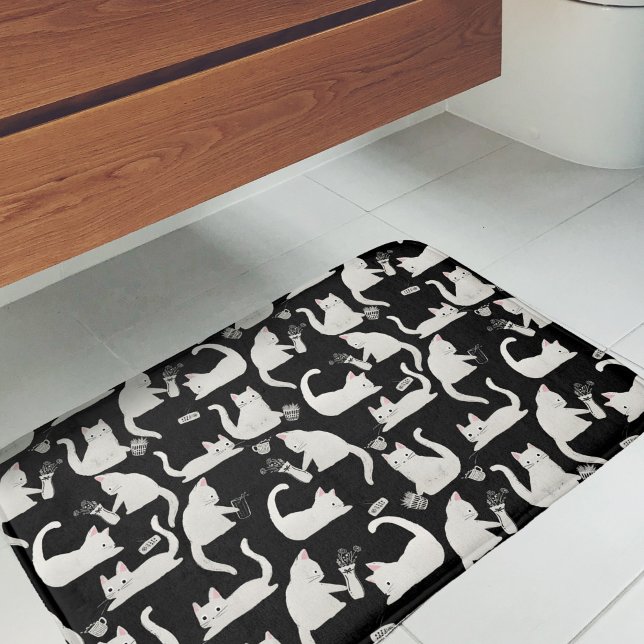 Bad Cats Knocking Stuff Over, White Cats on Black Bath Mat (Bad Cats Knocking Stuff Over Bath Mat)