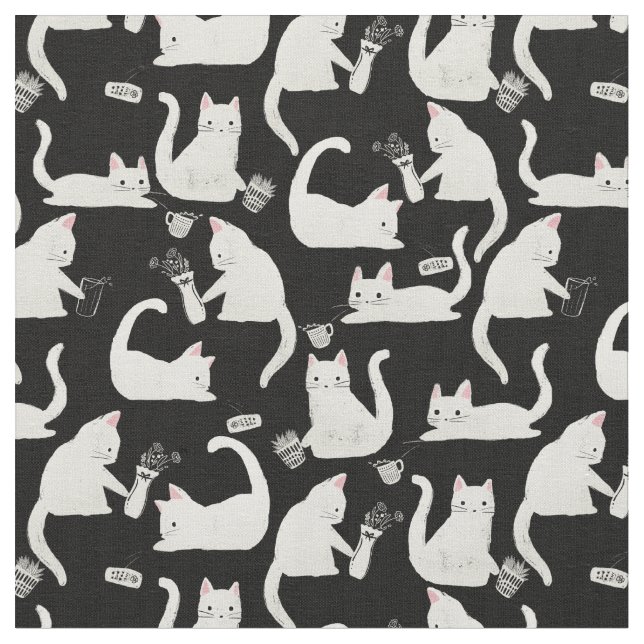 Bad Cats Knocking Stuff Over, White Cats on Black Fabric (Close Up)