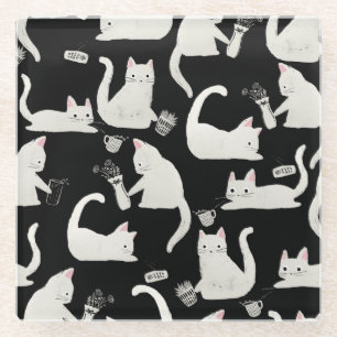 Bad Cats Knocking Stuff Over, White Cats on Black Glass Coaster