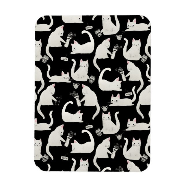 Bad Cats Knocking Stuff Over, White Cats on Black Magnet (Vertical)