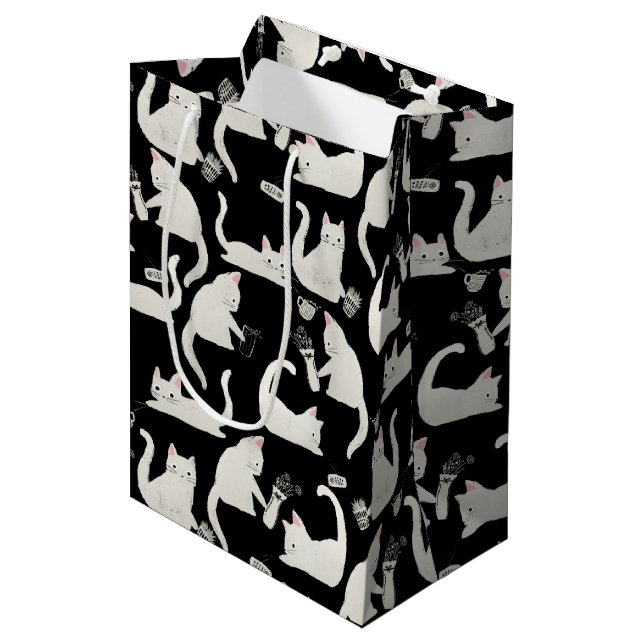 Bad Cats Knocking Stuff Over, White Cats on Black Medium Gift Bag (Front Angled)
