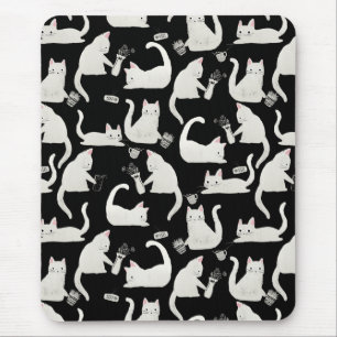 Bad Cats Knocking Stuff Over, White Cats on Black Mouse Mat
