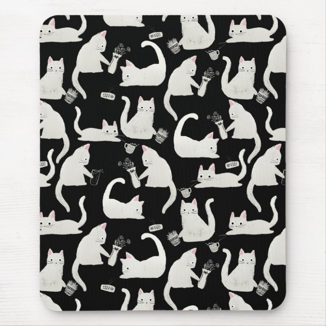 Bad Cats Knocking Stuff Over, White Cats on Black Mouse Mat (Front)