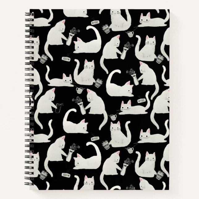 Bad Cats Knocking Stuff Over, White Cats on Black Notebook (Front)
