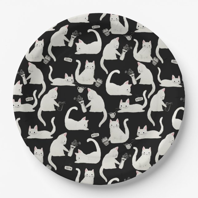 Bad Cats Knocking Stuff Over, White Cats on Black Paper Plate (Front)