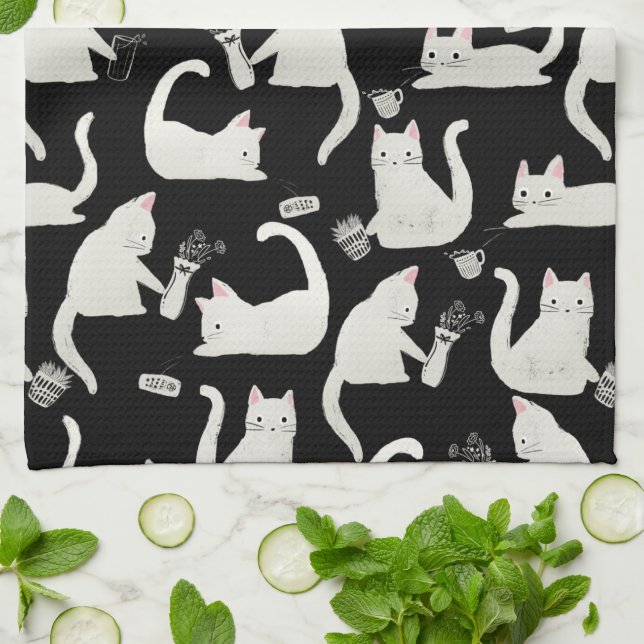 Bad Cats Knocking Stuff Over, White Cats on Black Tea Towel (Folded)