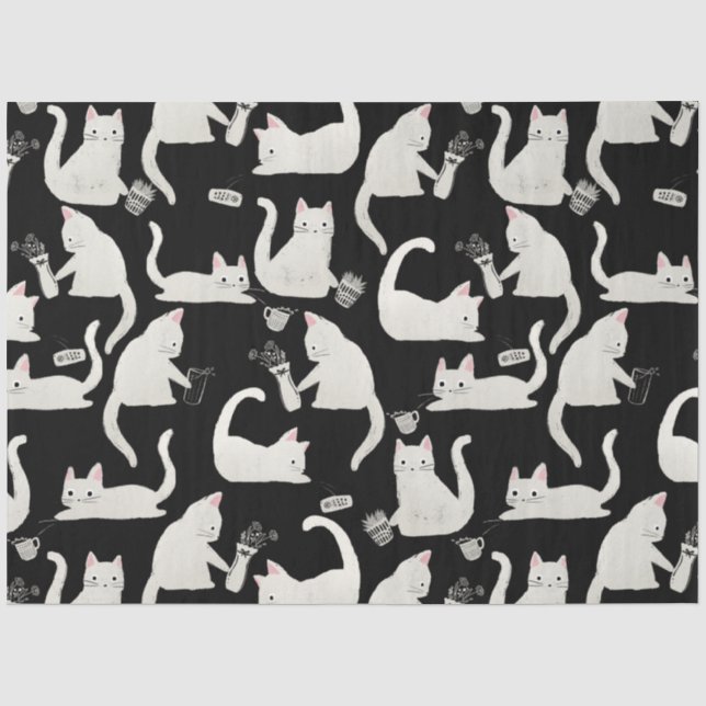 Bad Cats Knocking Stuff Over, White Cats on Black Tissue Paper (Front)