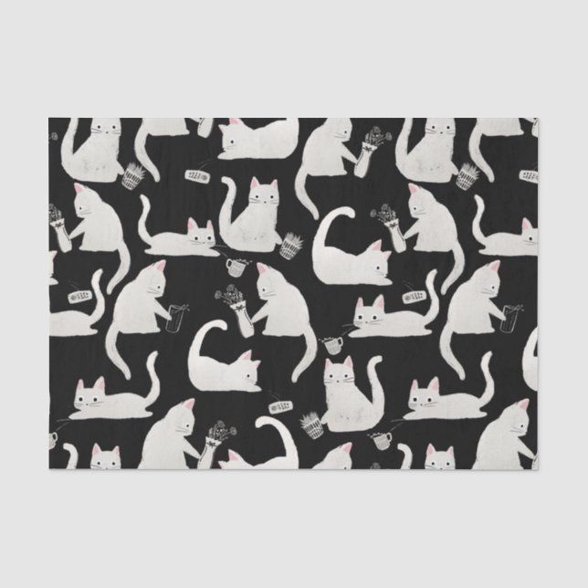 Bad Cats Knocking Stuff Over, White Cats on Black Tissue Paper (Front)