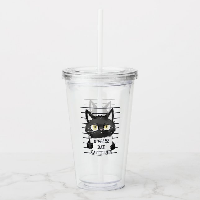 Bad Cattitude – Black Cat Mugshot Acrylic Tumbler (Front)