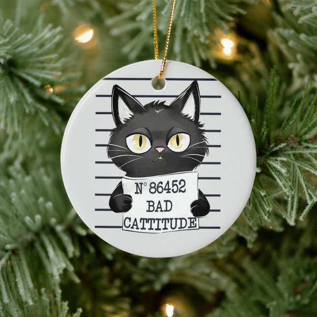 Bad Cattitude – Black Cat Mugshot Ceramic Tree Decoration (Tree)