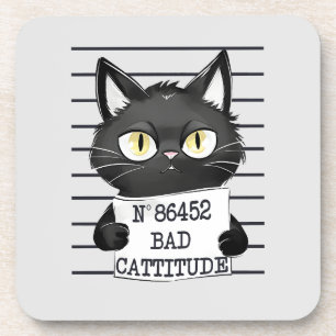 Bad Cattitude – Black Cat Mugshot Coaster