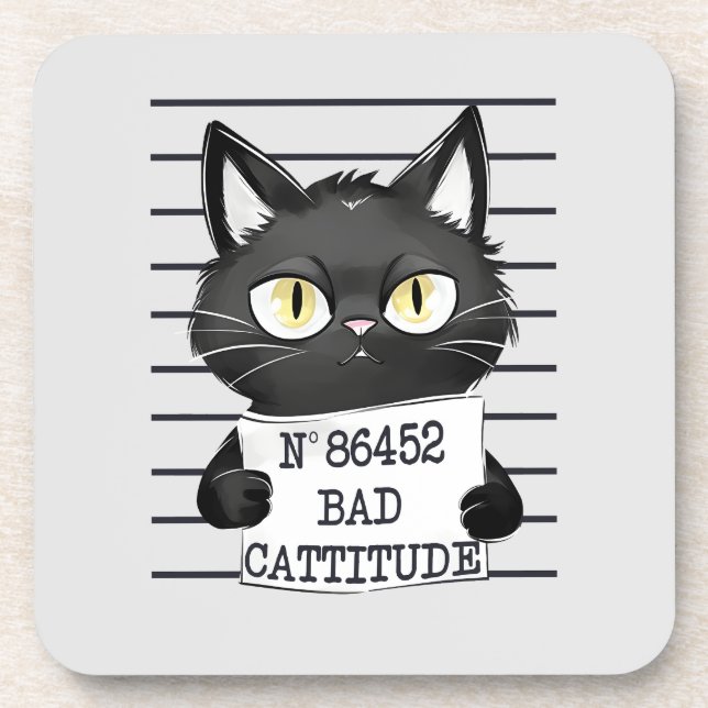 Bad Cattitude – Black Cat Mugshot Coaster (Front)