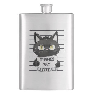 Bad Cattitude – Black Cat Mugshot Hip Flask