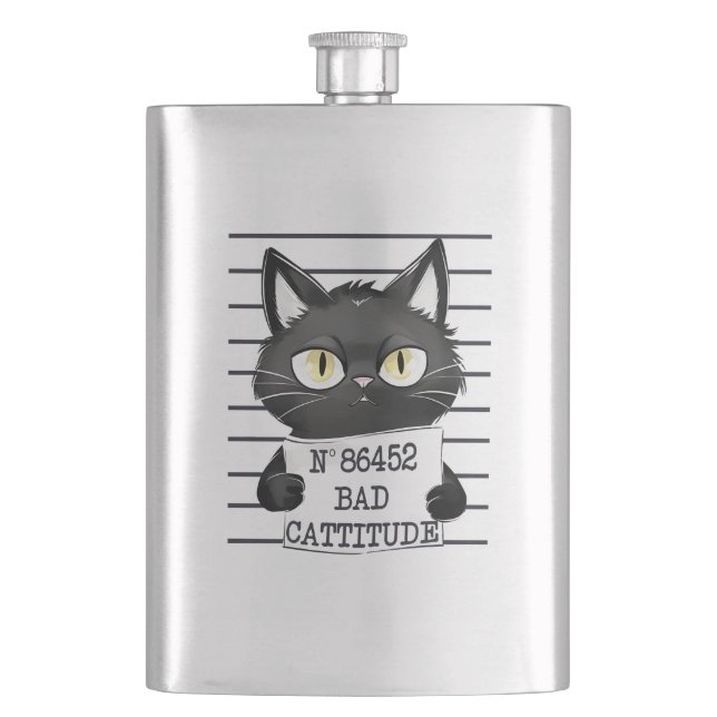 Bad Cattitude – Black Cat Mugshot Hip Flask (Front)