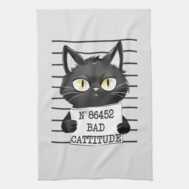 Bad Cattitude – Black Cat Mugshot Tea Towel (Vertical)
