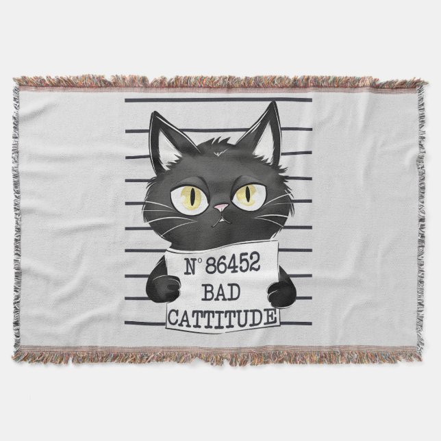 Bad Cattitude – Black Cat Mugshot Throw Blanket (Front)