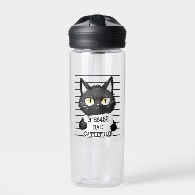 Bad Cattitude – Black Cat Mugshot Water Bottle (Front)