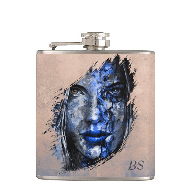Bad Girl rustic Rose Gold Blue monogram Hip Flask (Front)