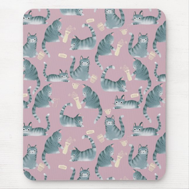 Bad Grey Tabby Cats Knocking Stuff Over & Monogram Mouse Mat (Front)