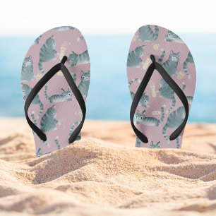 Bad Grey Tabby Cats Knocking Stuff Over Pattern Flip Flops