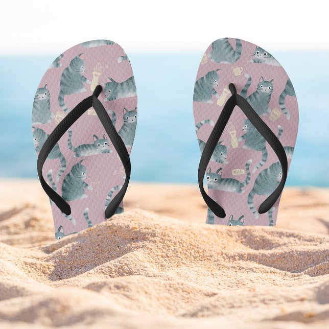Bad Grey Tabby Cats Knocking Stuff Over Pattern Flip Flops (Bad Grey Tabby Cats Knocking things over patterned flip-flops )