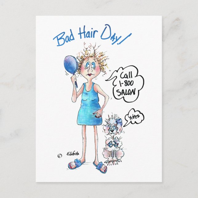 Bad Hair Day, blue dress, distressed expression  Postcard (Front)