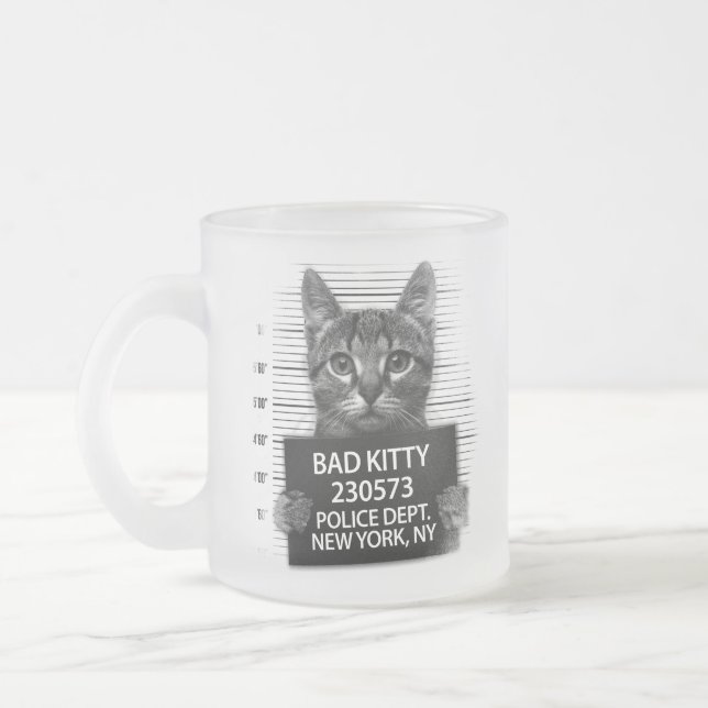 Bad Kitty Cat Police Arrest Photo Funny  Frosted Glass Coffee Mug (Left)