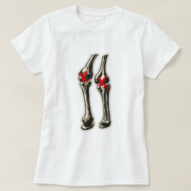Bad Knees – Funny Skeleton Knee Illustration T-Shirt (Design Front)