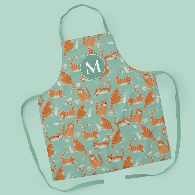 Bad Orange Tabby Cats Knocking Stuff Over Pattern Apron (Bad Orange Tabby Cats Knocking Stuff Over Patterned Apron with Monogram)