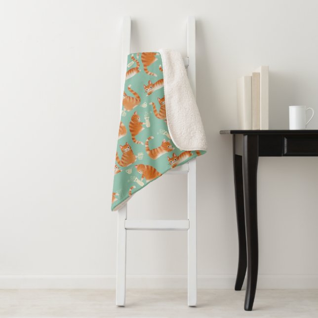 Bad Orange Tabby Cats Knocking Stuff Over Pattern Sherpa Blanket (In Situ)