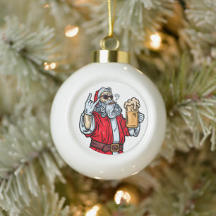 Bad Santa Claus, Rock, Beer and Cigar Ceramic Ball Christmas Ornament